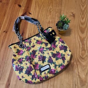 NWOT Betsey Johnson Yellow/Pink Pleated Tote Sequin Floral Rose Shoulder Bag